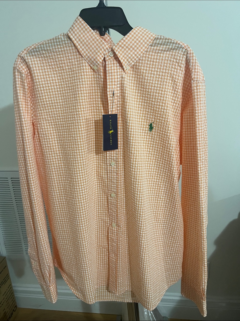 Polo by Ralph Lauren Peach Seersucker Gingham Untucked Button-Down Shirt